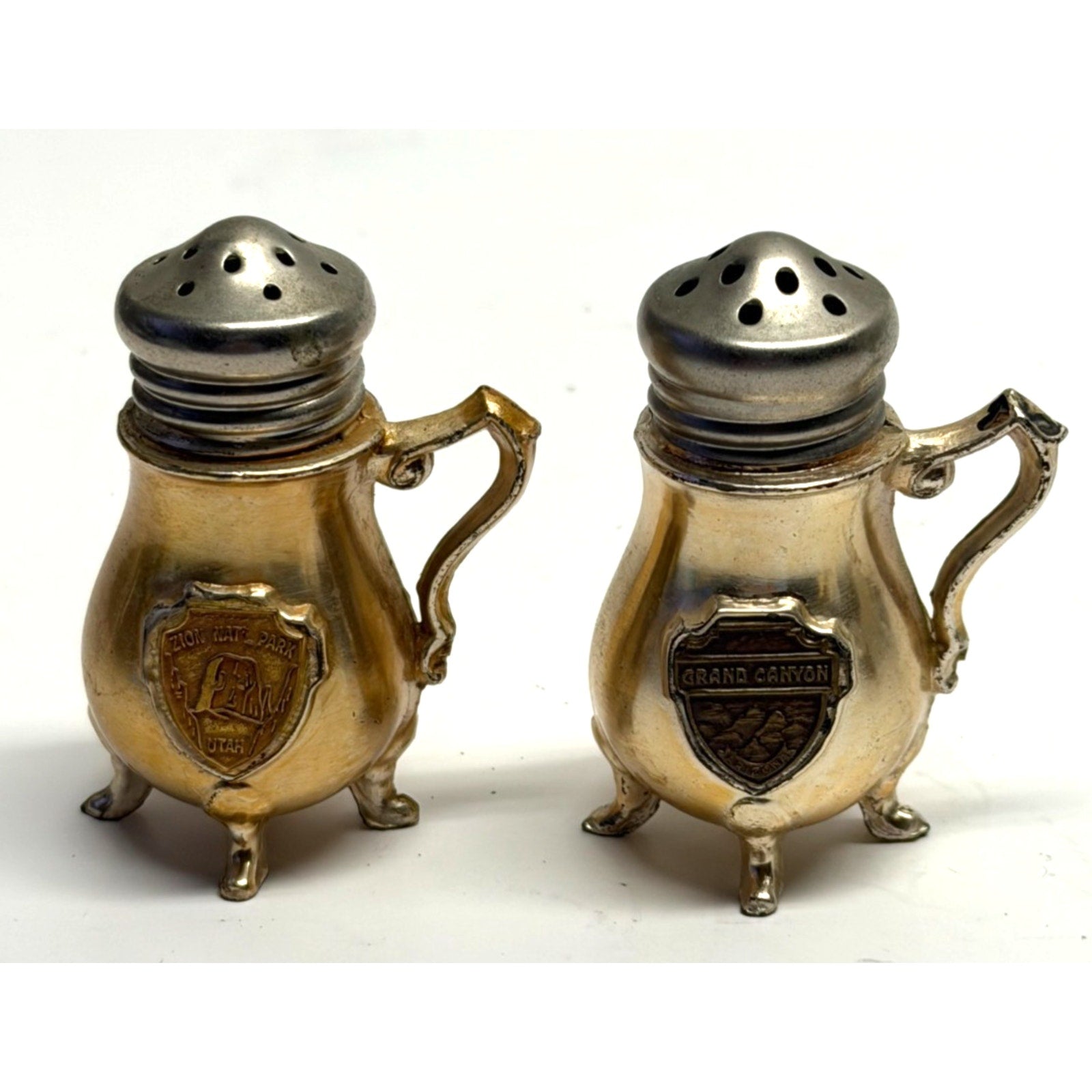 Vintage miniature metal silver souvenir New Mexico salt & pepper shakers
