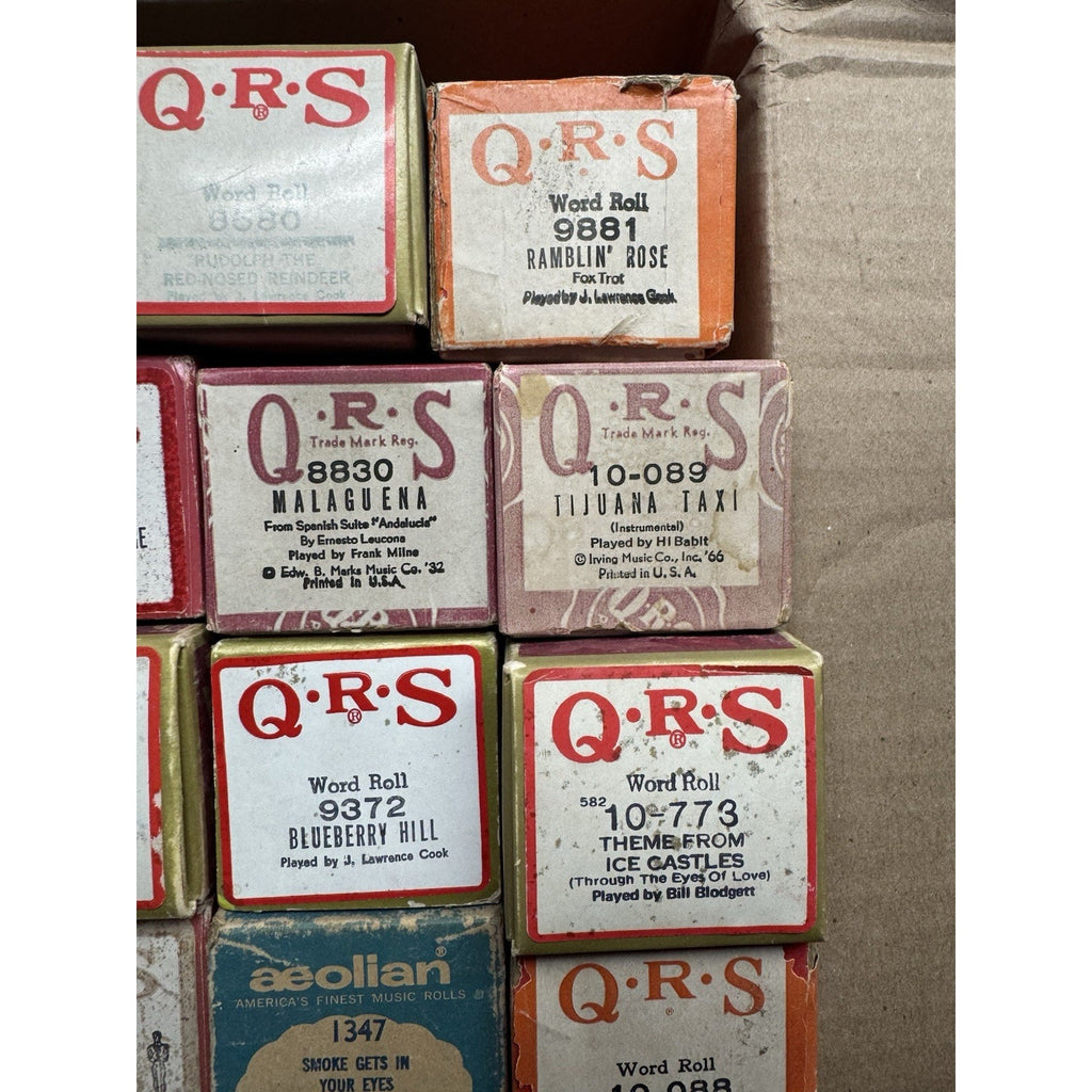VINTAGE QRS WORD ROLL PIANO PLAYER MUSIC ROLLS LOT OF 34 ROLLS MELODEE SONGS