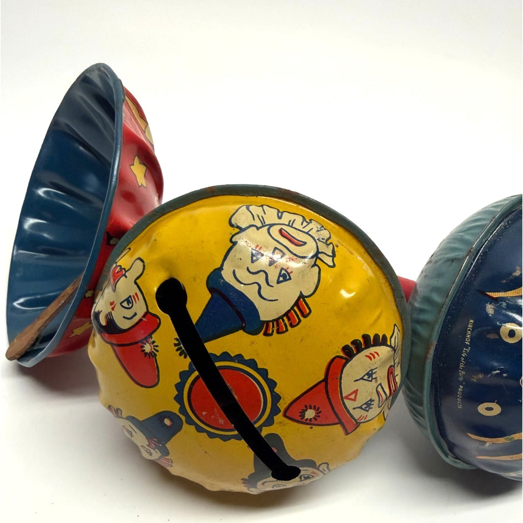 VTG Lot of 3 Kirchhof Tin Litho Noise Makers Rattle Wood Handle Made in USA