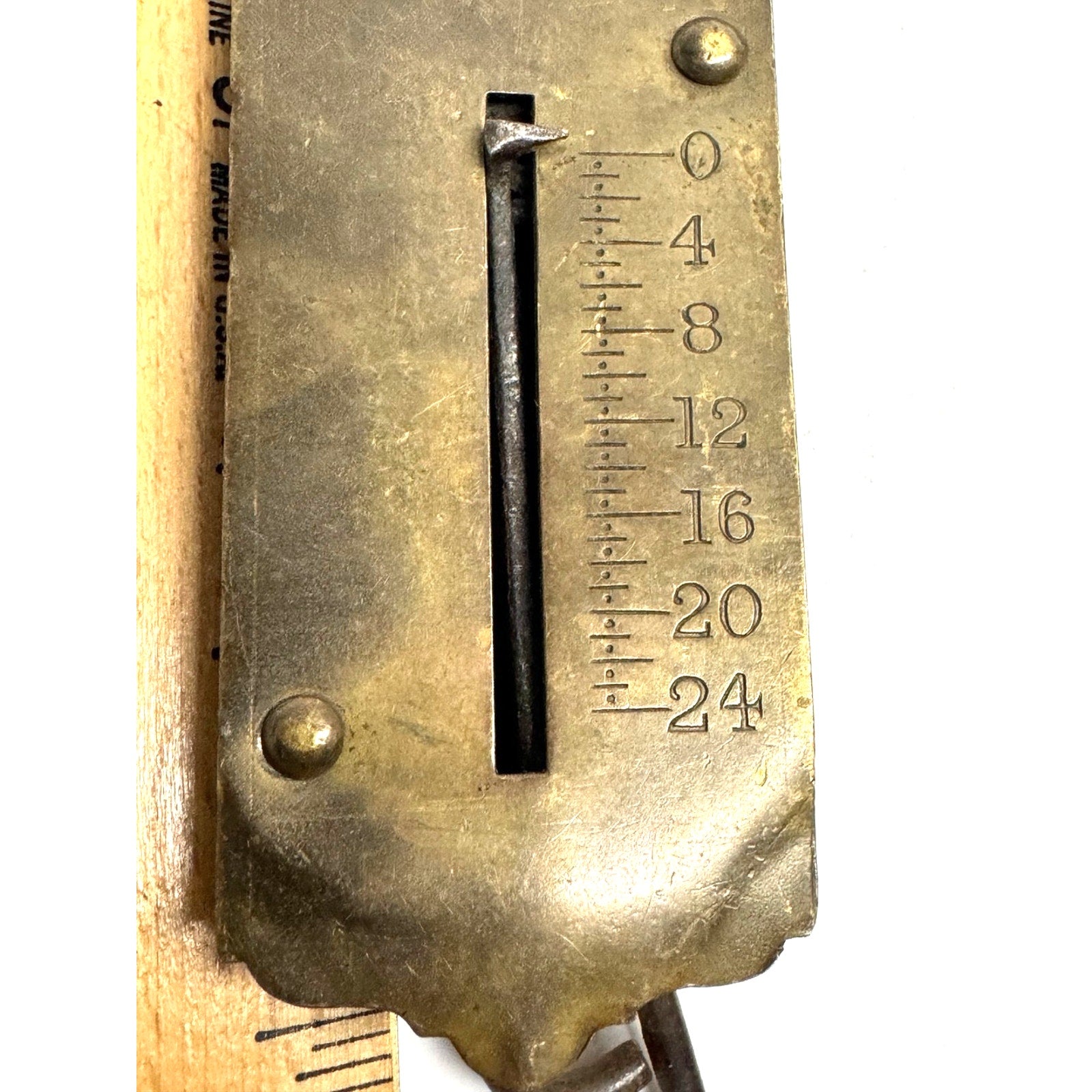 ANTIQUE MORTON'S BALANCE NO. 2 BRASS HANGING SCALE WEIGHS UP TO 24 POUNDS