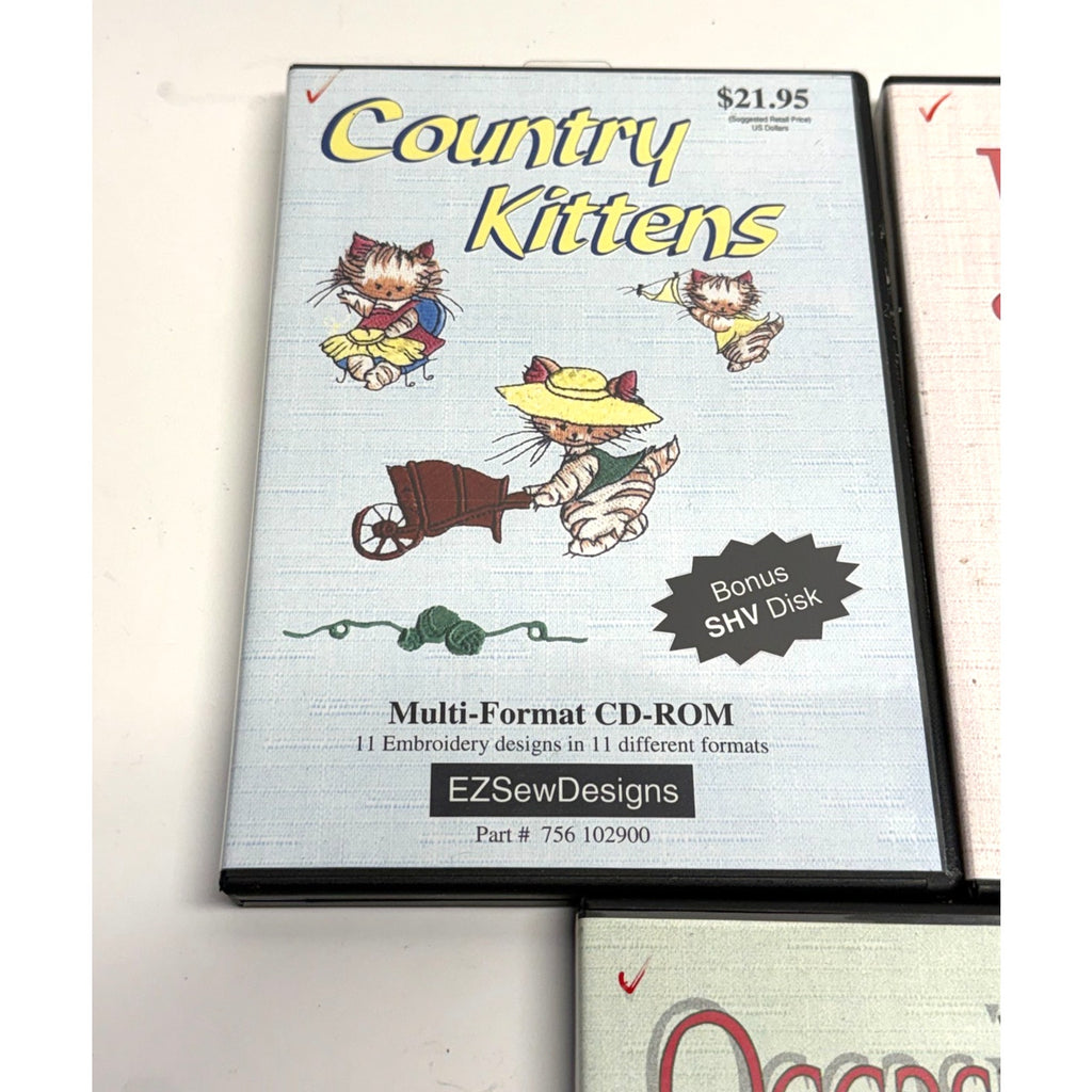 Vintage Lot of 3 EZSEWDESIGNS -Hearts, Occasions, Country Kittens embroidery