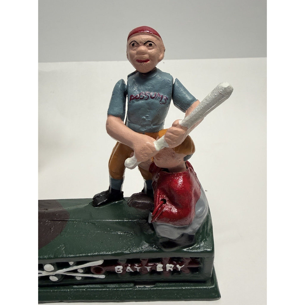 Vintage NOS "Hometown Battery" Baseball Possuns Cast Iron Mechanical Coin Bank