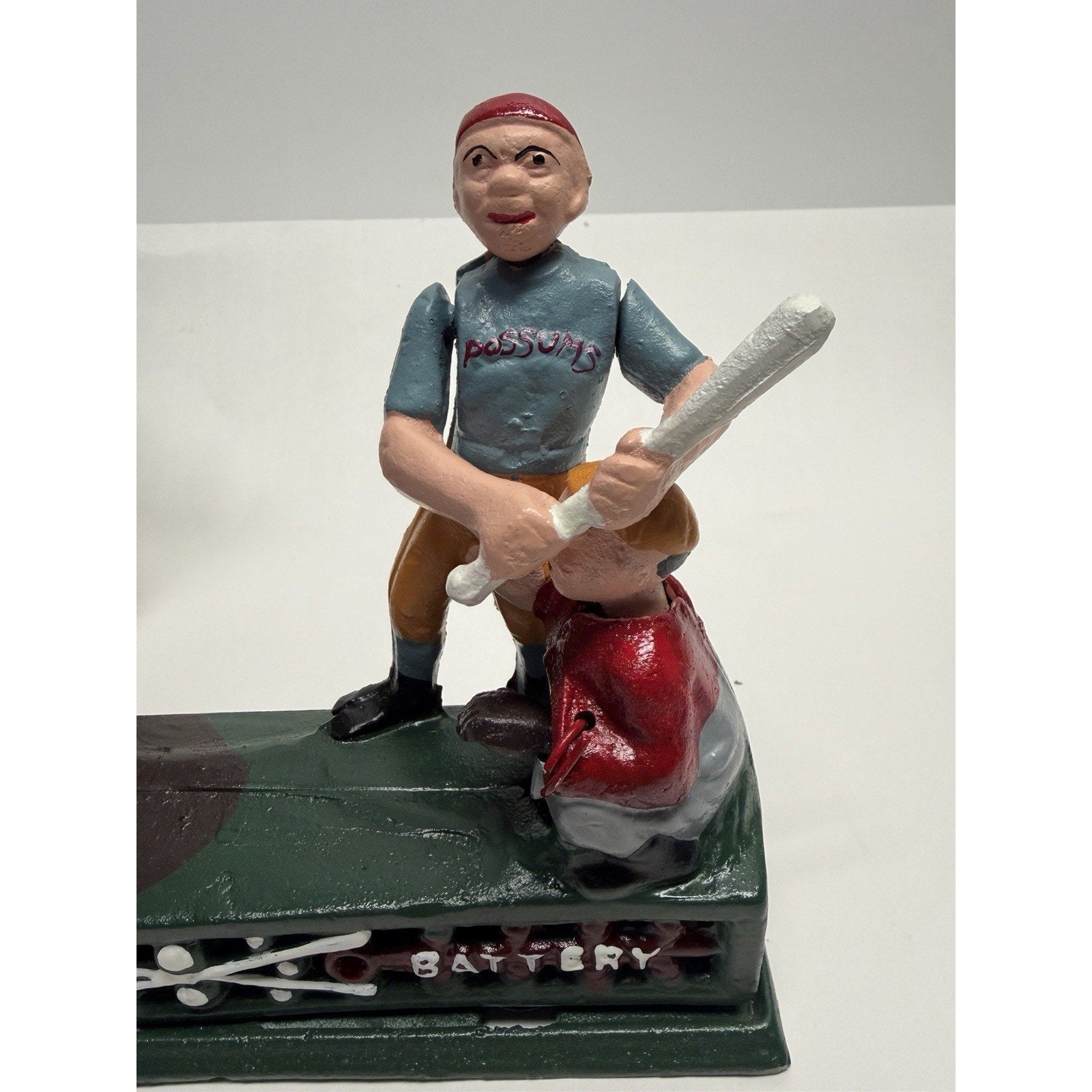 Vintage NOS "Hometown Battery" Baseball Possuns Cast Iron Mechanical Coin Bank