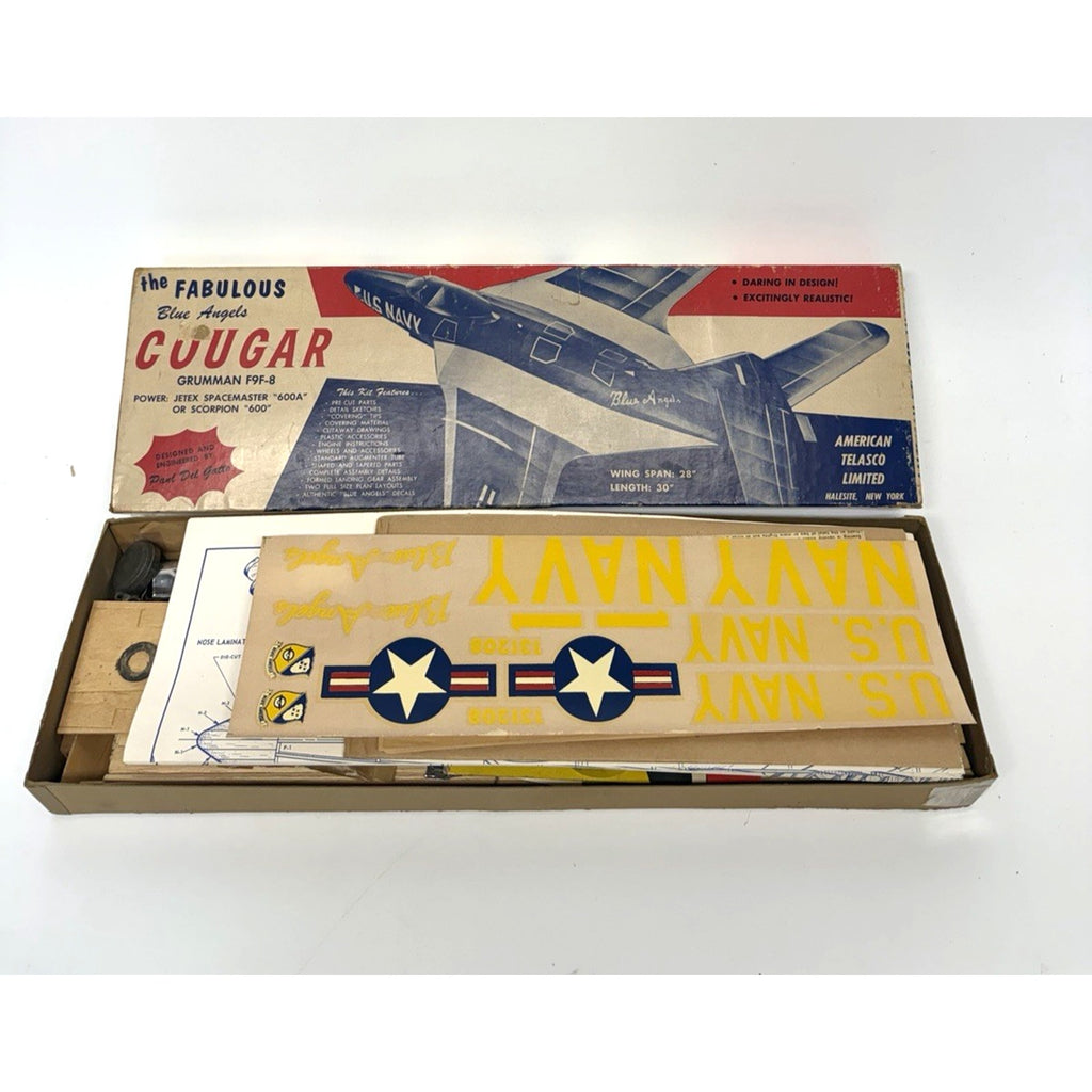 VTG AMERICAN TELASCO F9F-8 "COUGAR" JETEX POWER FREE FLIGHT MODEL AIRPLAIN KIT