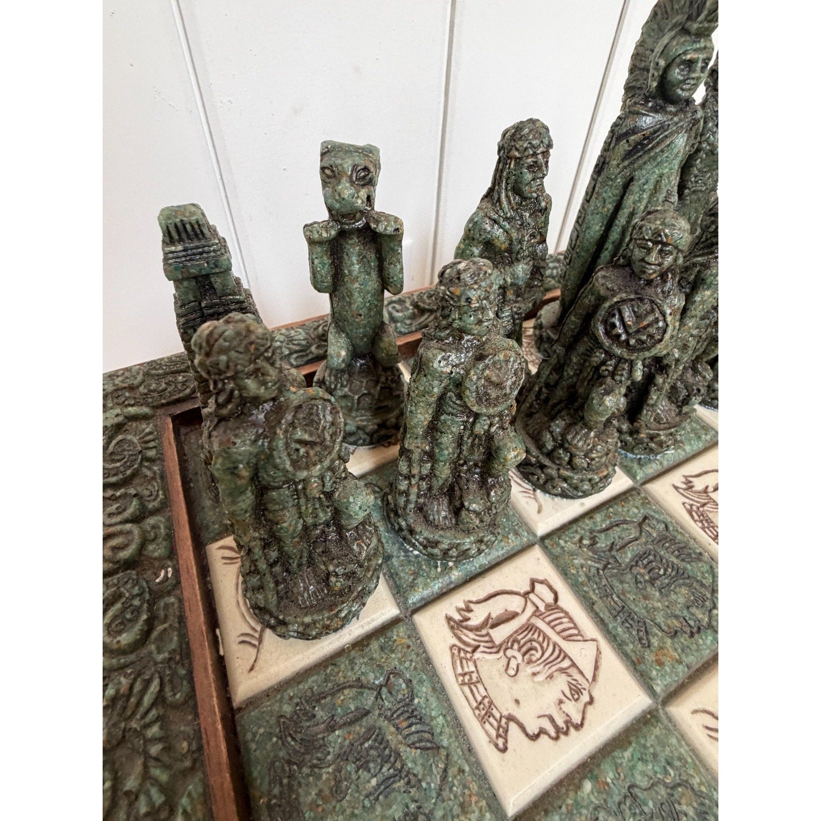 VINTAGE Aztec Mayan Dragon Chess Set Rare Collectible Green Chess Board & Pieces