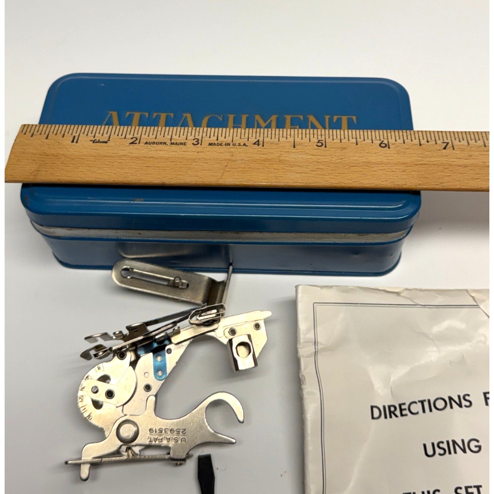 VINTAGE "ATTACHMENT SEWING MACHINE" Blue Metal TIN BOX w/ Accessories Parts