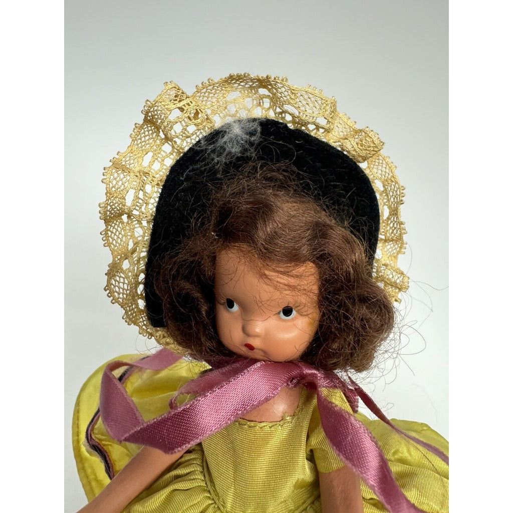 Vintage Nancy Ann Storybook Doll Yellow Dress w/Black Hat 5"