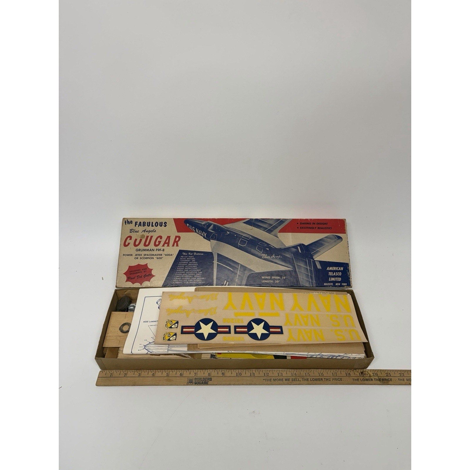 VTG AMERICAN TELASCO F9F-8 "COUGAR" JETEX POWER FREE FLIGHT MODEL AIRPLAIN KIT