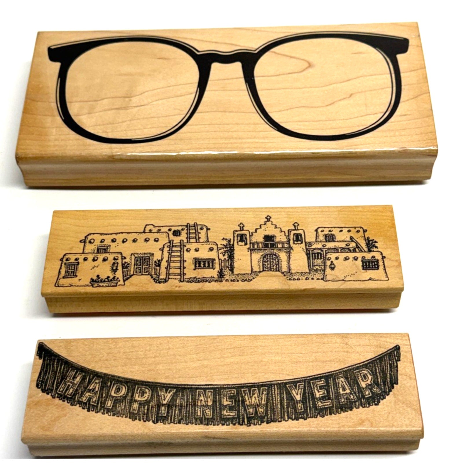 Vintage NOS Lot of 3 Wood Mounted Rubber Stamp Eyeglasses & Landscape