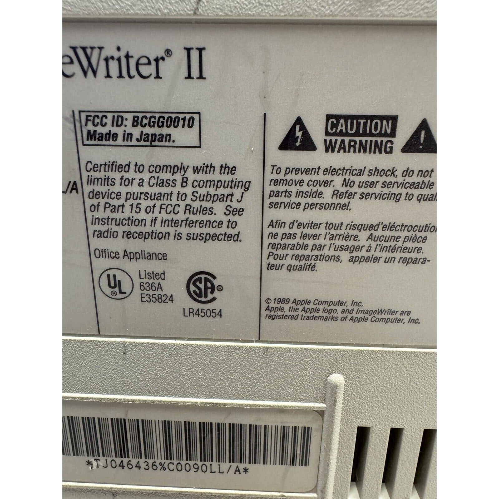 Vintage Apple Imagewriter II Printer G0010 Made In Japan Power On UNTSTED