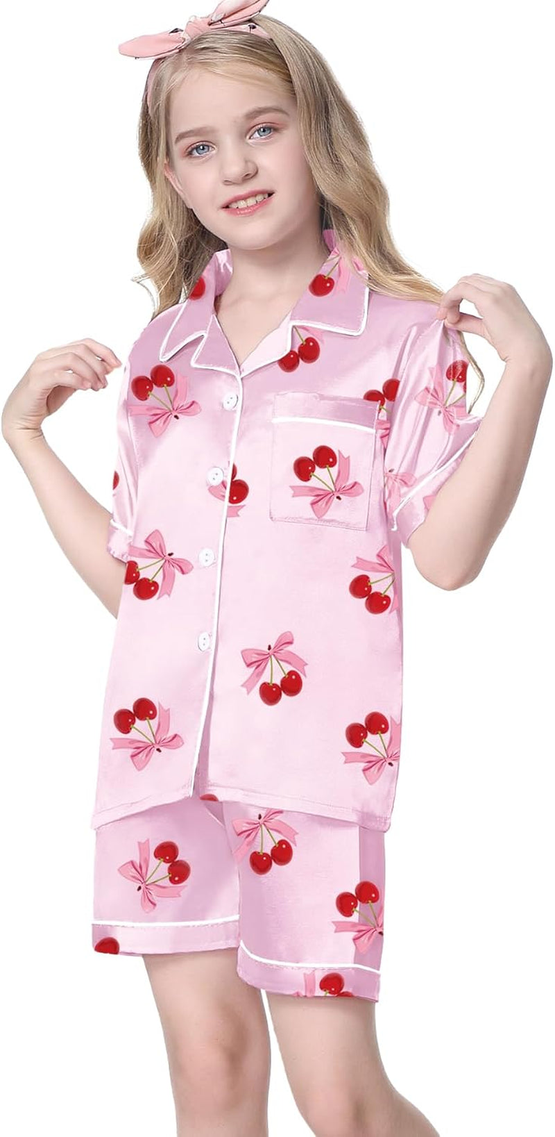 Women & Girls Pajamas Set, Soft Satin Lightweight Silk Button-Down Top with Shorts 2 Piece PJS for Mom Boys Kids Gifts