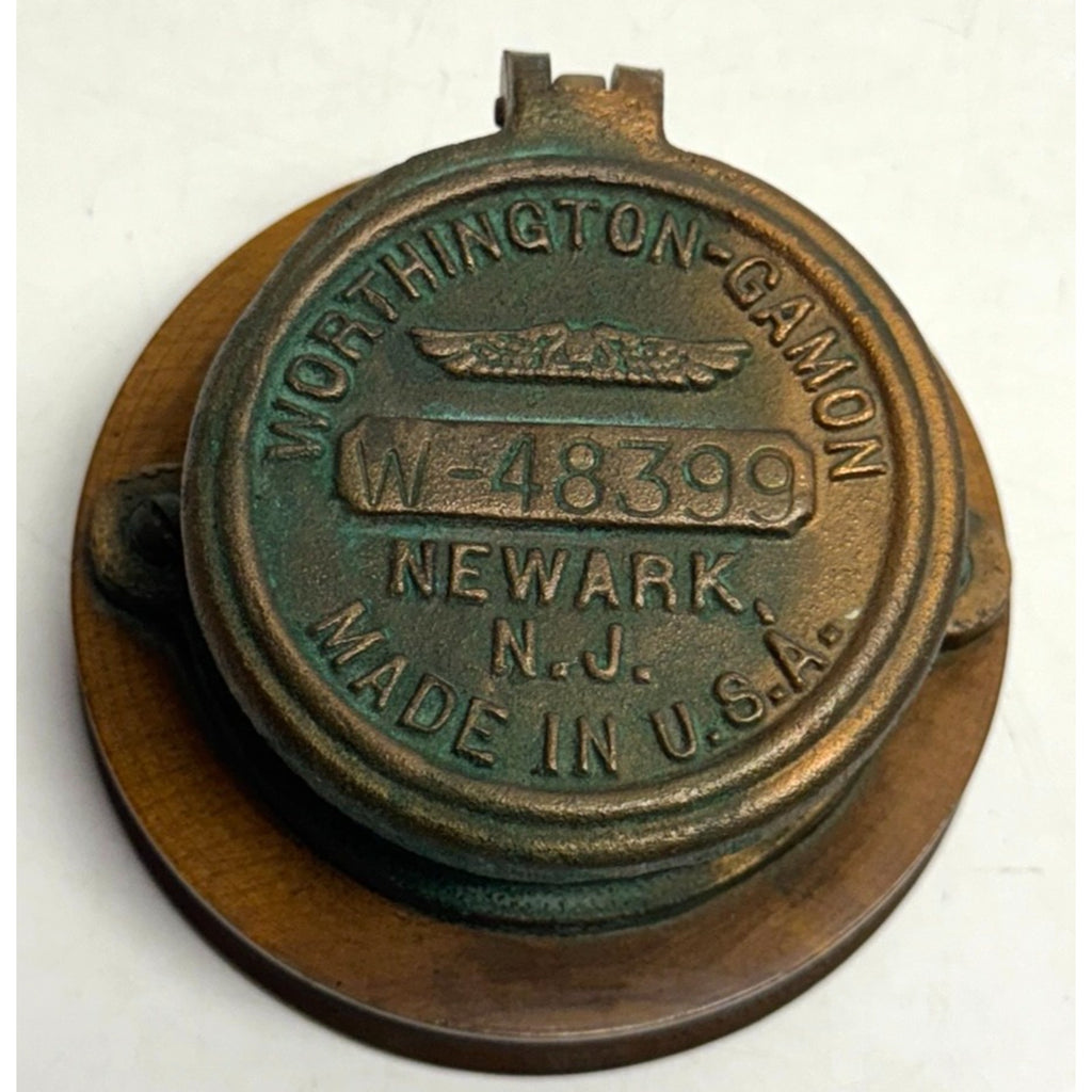 Vintage "Worthington-Gamon" Water Meter Brass Cover ..Mounted on Wood W-48399