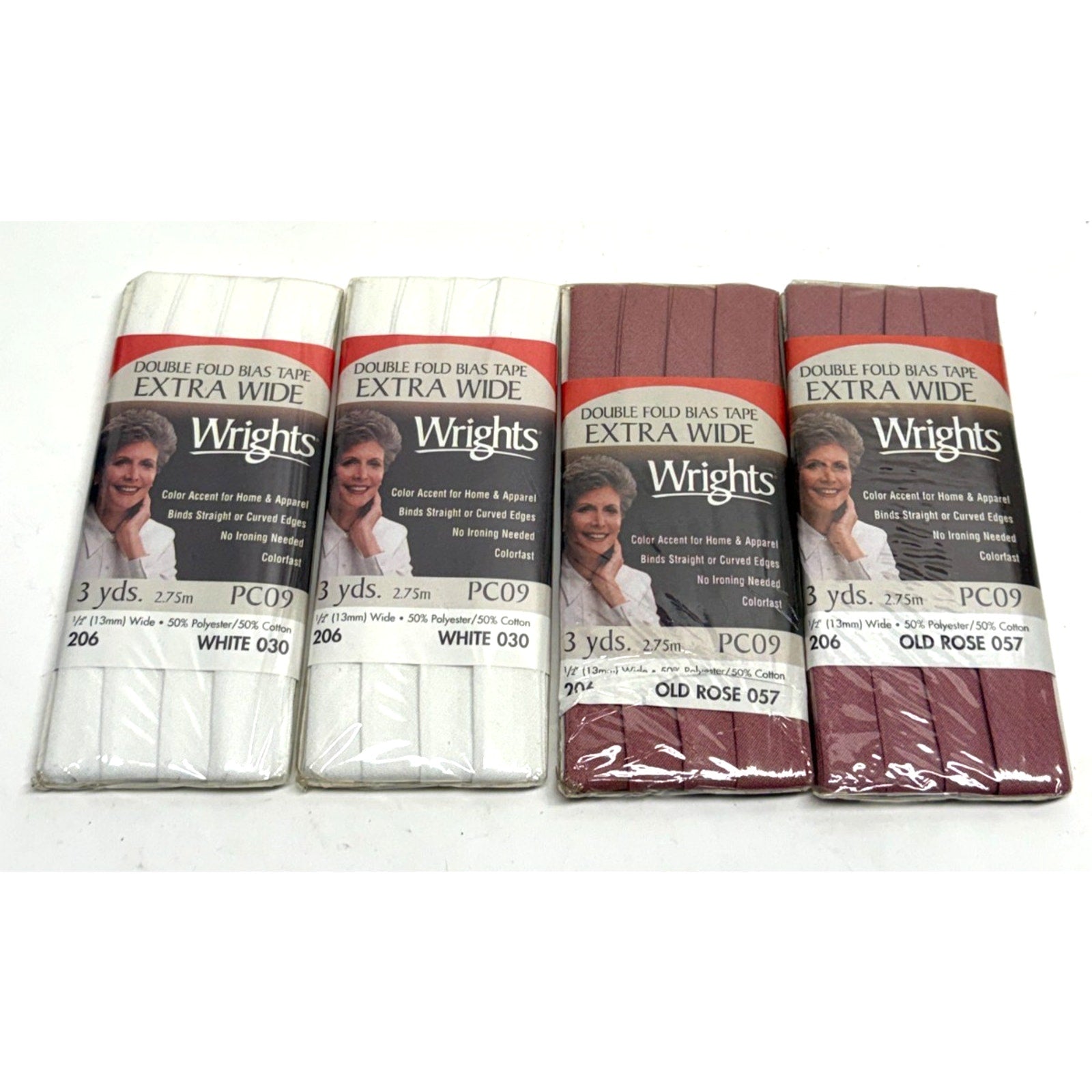 VTG Lot of 4 Wrights Extra Wide Dbl Fold Bias Tape 1/2" White & Old Rose PC09