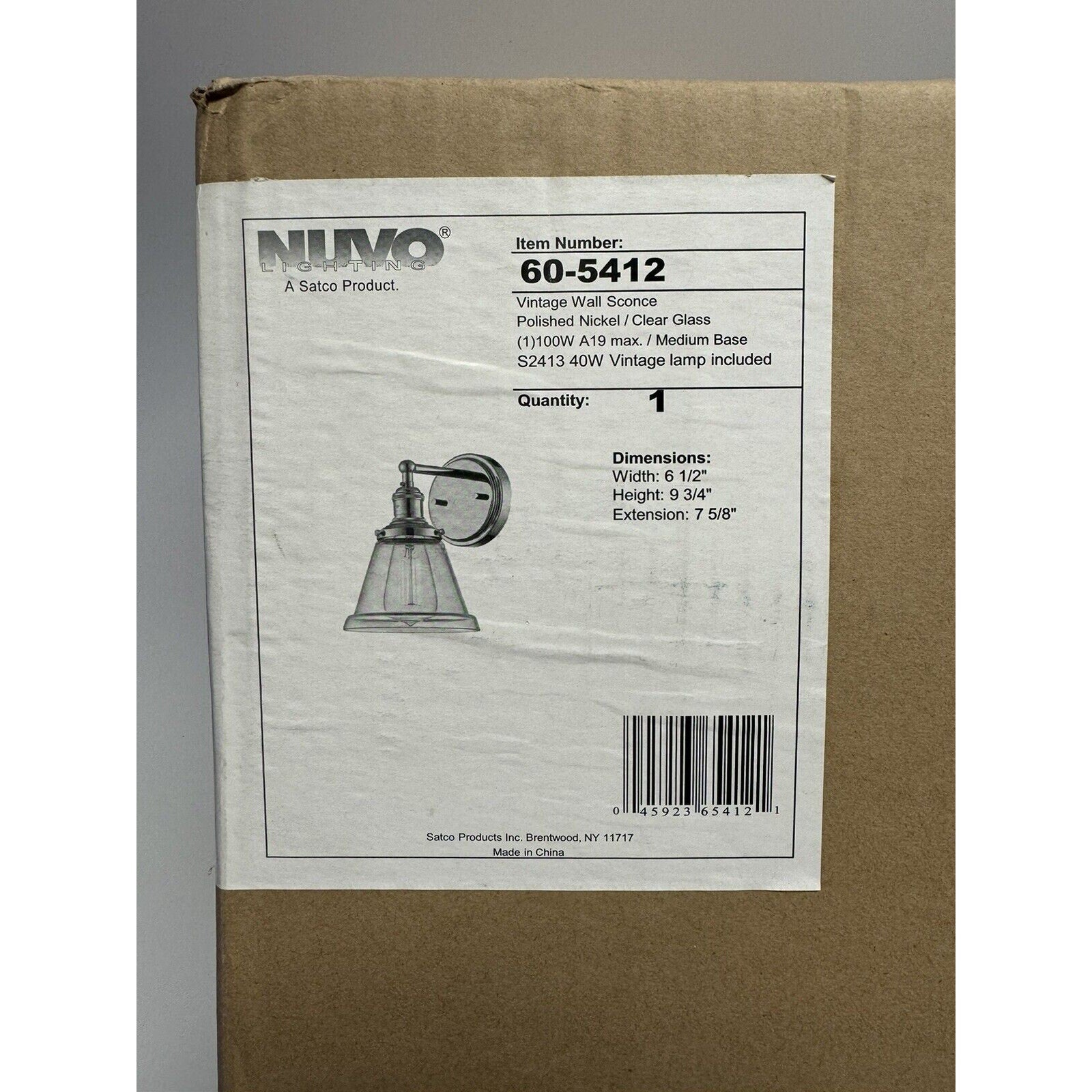 FACTORY SEALED Nuvo Lighting 60/5412 Vintage Wall Sconce Polished Nickel