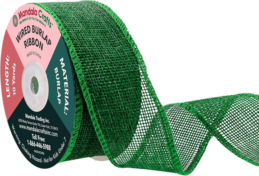 Green Burlap Wired Ribbon 1.5 Inches Wide Jute Ribbons for Crafts - 10 Yds Roll Rustic Burlap Wrap Trim Ribbons for Wreaths Bows Party Decoration