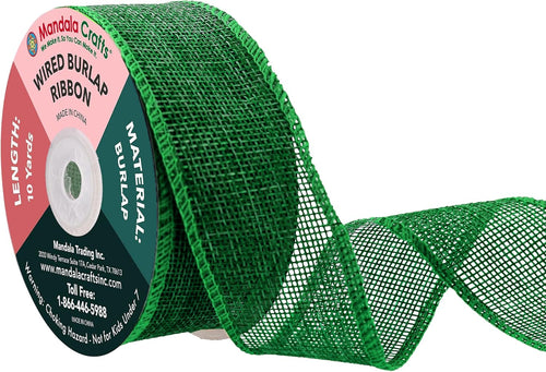 Green Burlap Wired Ribbon 1.5 Inches Wide Jute Ribbons for Crafts - 10 Yds Roll Rustic Burlap Wrap Trim Ribbons for Wreaths Bows Party Decoration