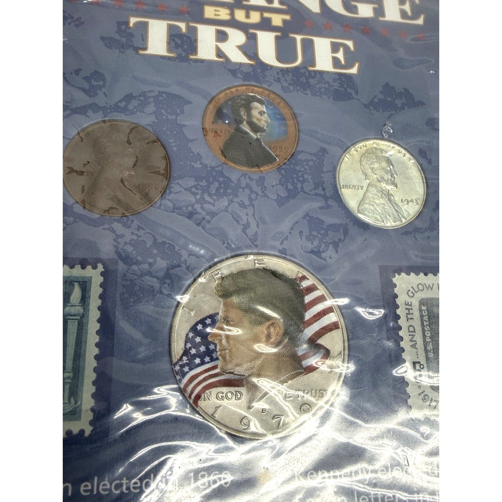 VTG NOS 1980 Strange But True Lincoln Kennedy Coin And Stamp Lot Panel JFK Half