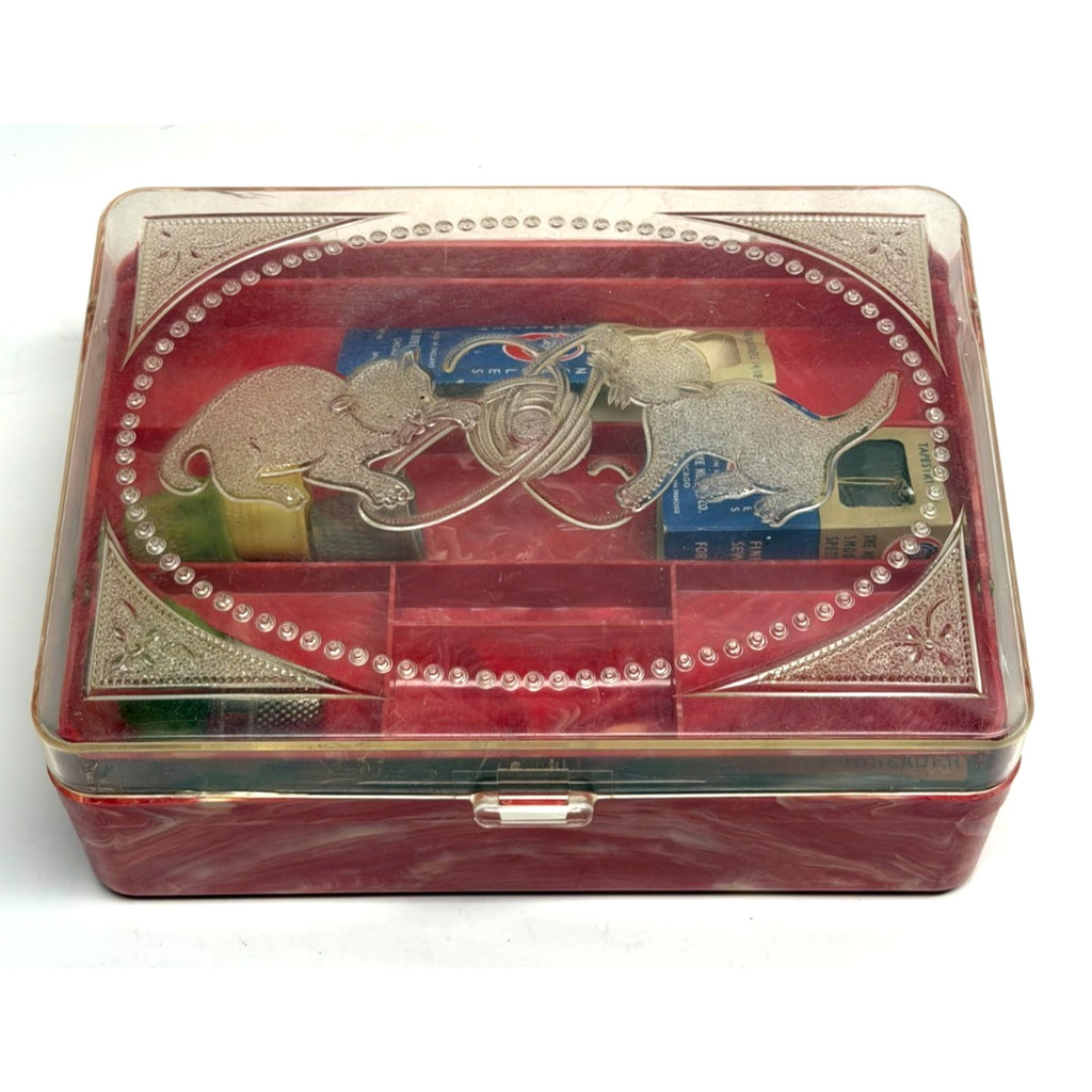 Vintage MCM Hommer Mfg Hard Plastic Marbled Sewing Box with Needles