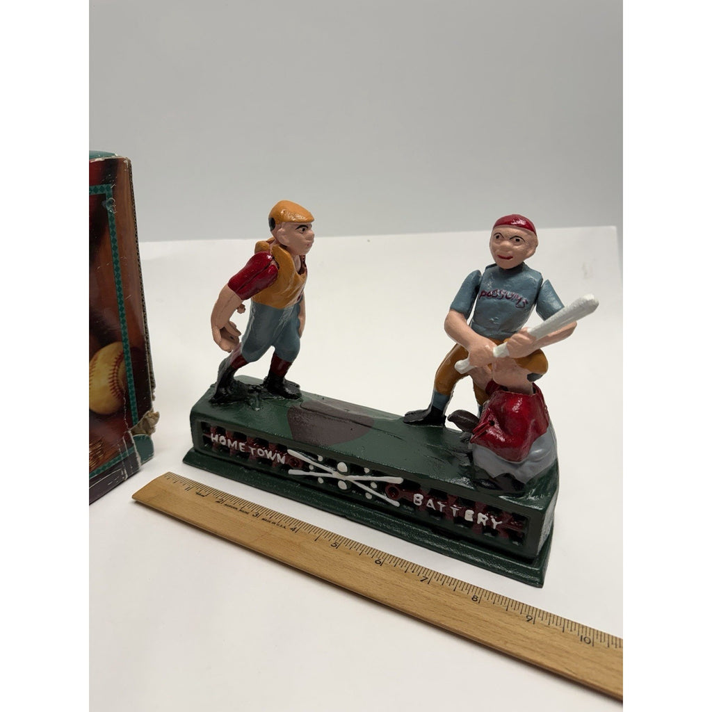 Vintage NOS "Hometown Battery" Baseball Possuns Cast Iron Mechanical Coin Bank