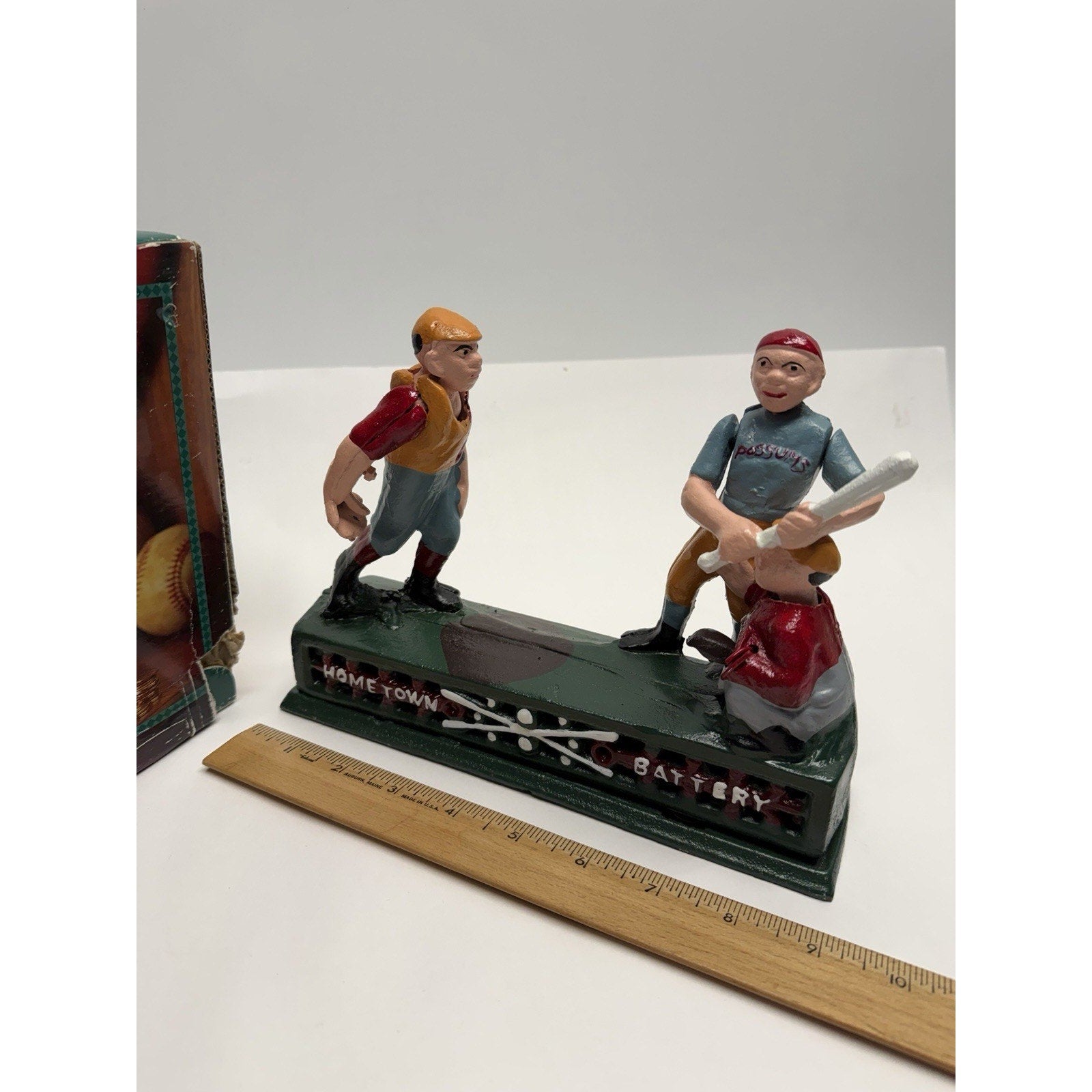 Vintage NOS "Hometown Battery" Baseball Possuns Cast Iron Mechanical Coin Bank