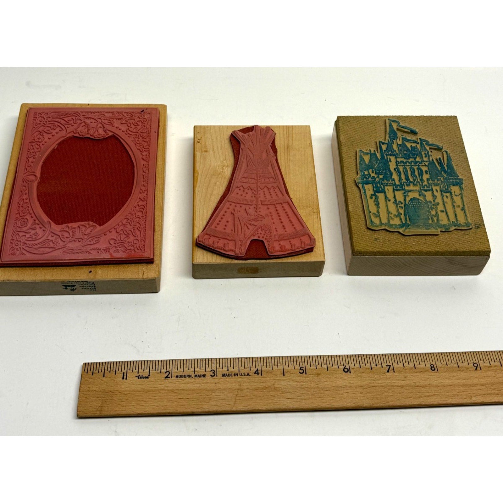 VINTAGE Lot of 3 Wood Mounted Rubber Stamps Teepee Castle & Ornate Frame - NEW!