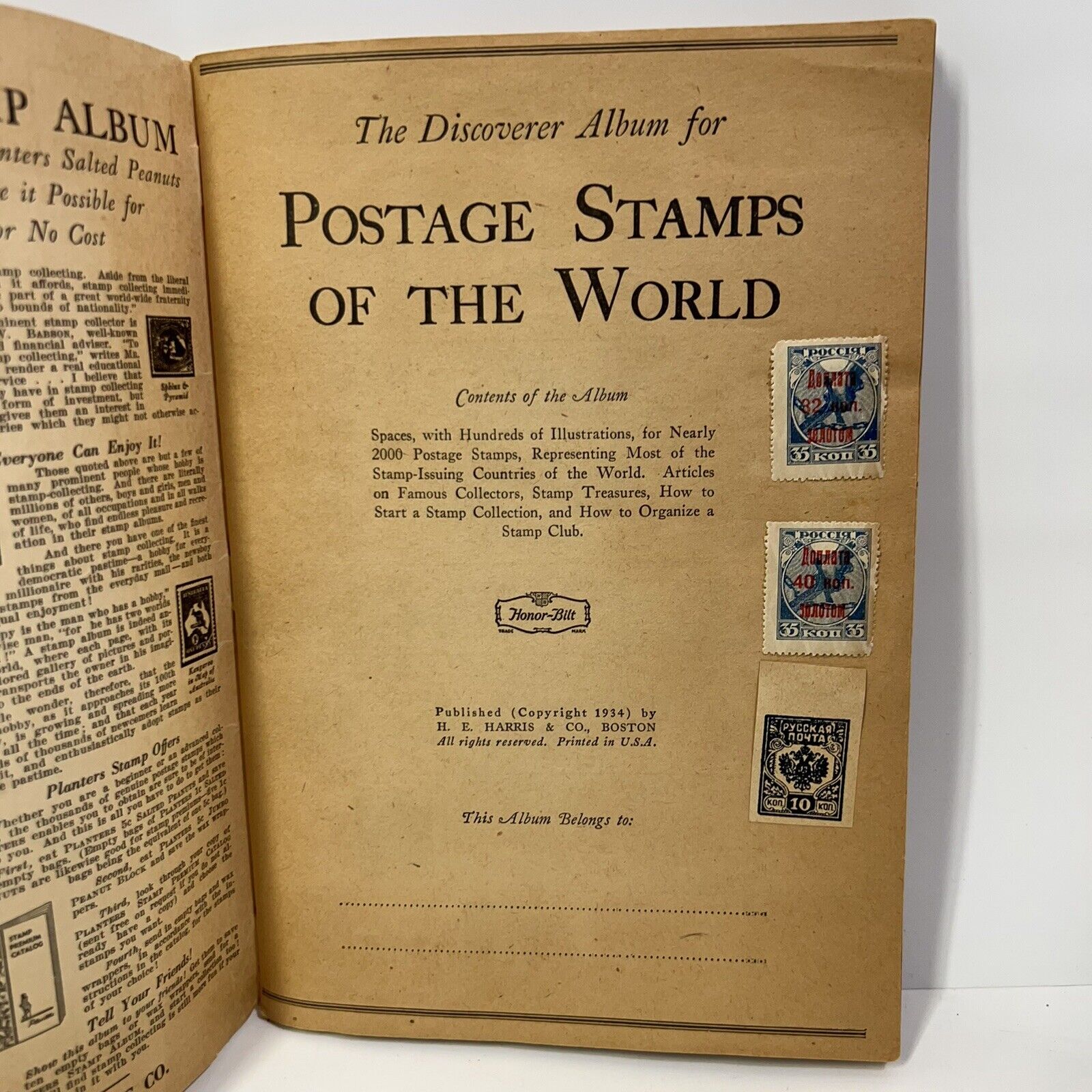RARE VINTAGE PLANTERS PEANUTS MR. PEANUT POSTAGE STAMPS OF THE WORLD BOOK 1940S