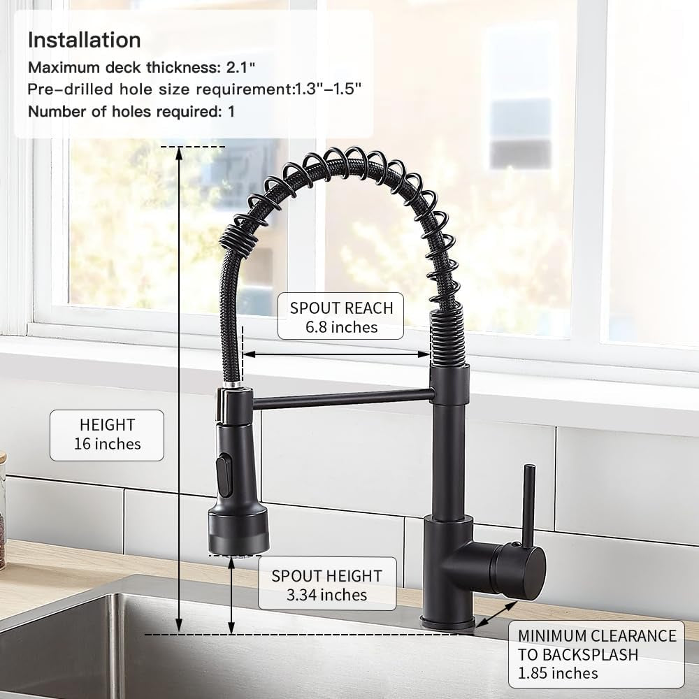 Kitchen Faucet with Sprayer Single Handle Pull down Sprayer Spring Matte Black Kitchen Sink Faucet with LED Light 9005R