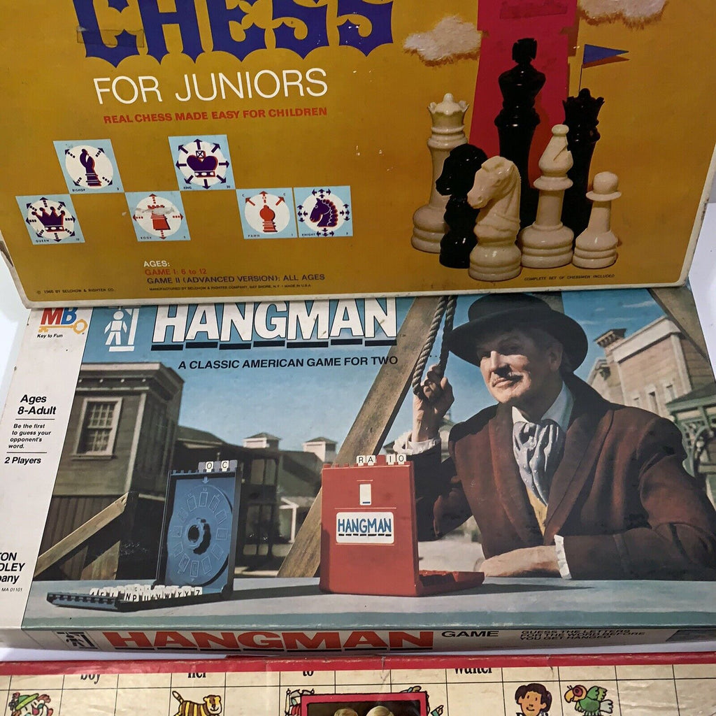LOT OF 3 Vintage Hangman Board Game by Milton Bradley, Selright Chess, Scrabble