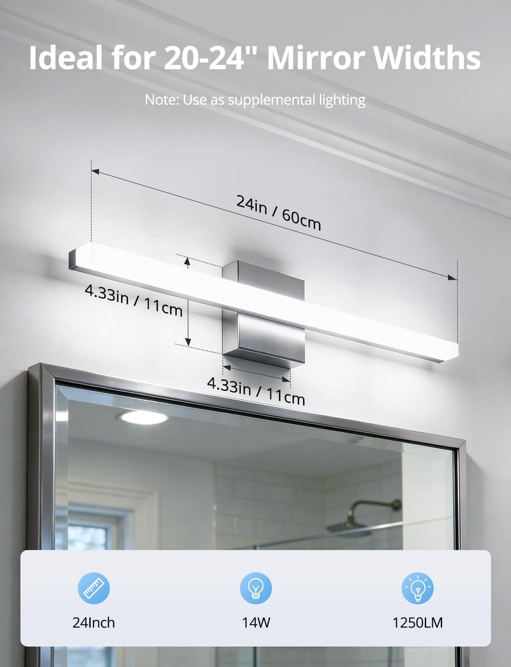 LED Vanity Lights Bar 24 Inch Bathroom Light Fixtures 14W IP44 over Mirror Lighting Indoor Wall Sconces Modern Cool White 6000K for Washroom