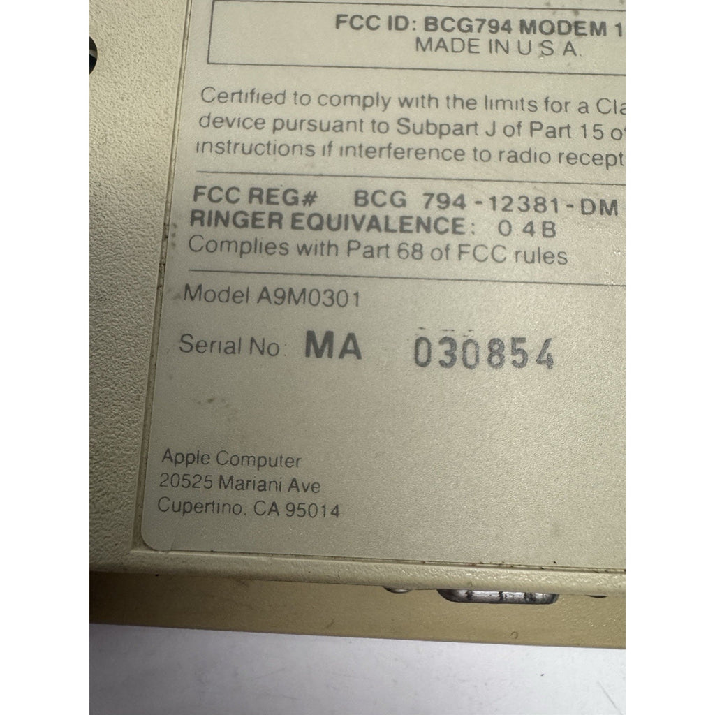 VINTAGE Apple Modem 1200 - Serial MA 004651 Model A9M0301 UNTESTED