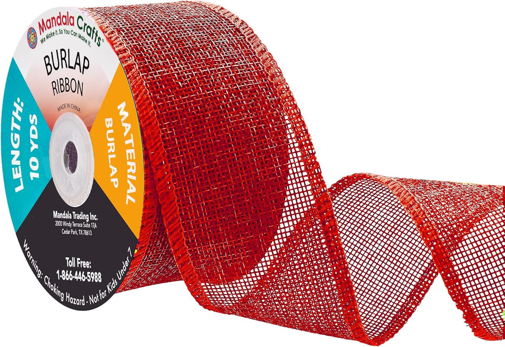 Red Burlap Ribbon 2 Inches Wide Jute Ribbons for Crafts - 20 Yds Roll Rustic Burlap Wrap Trim Ribbons for Wreaths Bows Wedding Party Decoration