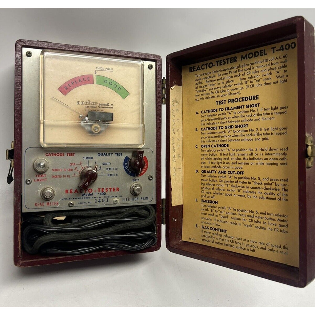 Vintage ANCHOR Reacto-Tester CRT Tubes, Model T-400 With Instructions & Adapters