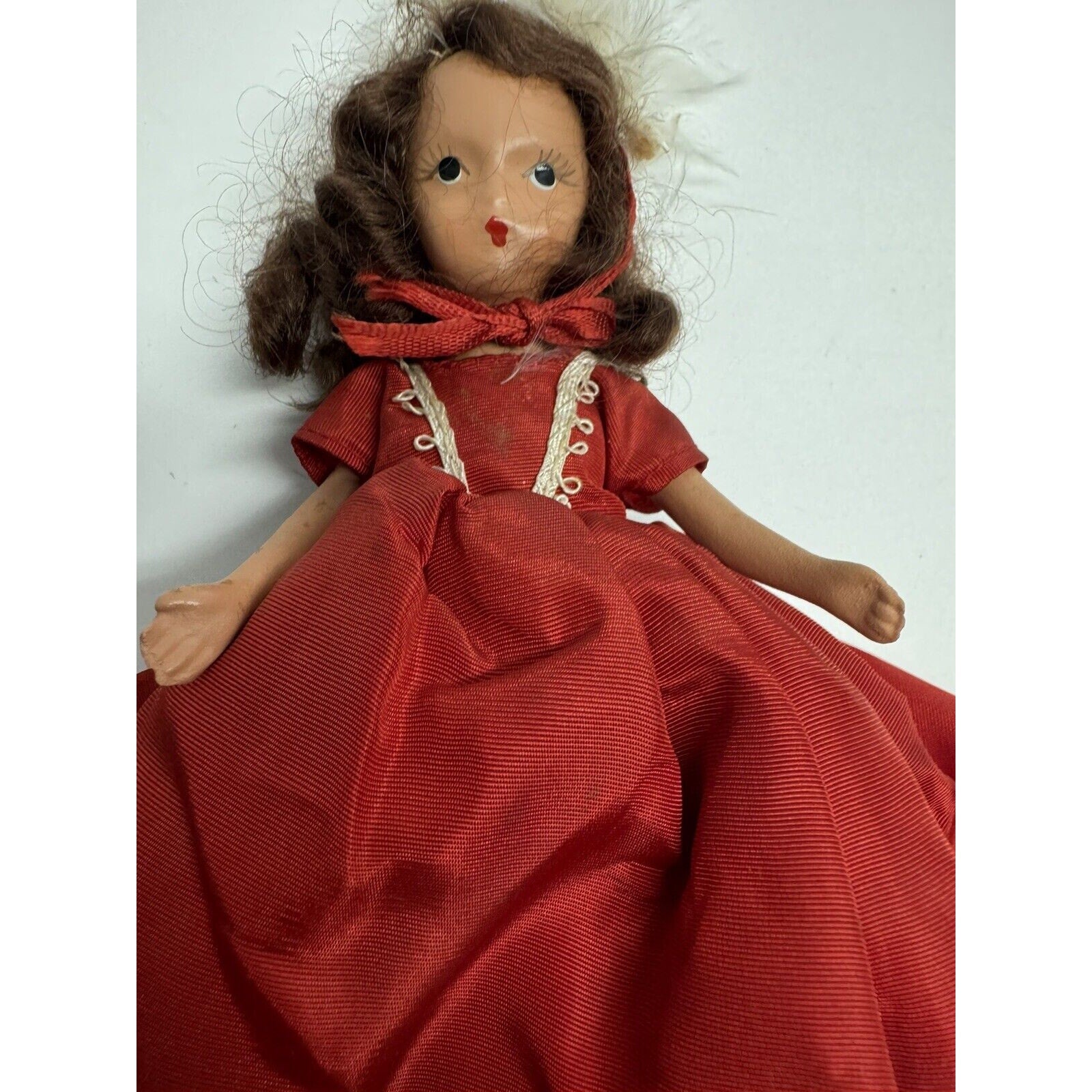 Vintage Nancy Ann Storybook Doll Red Dress w/White Hat 6"