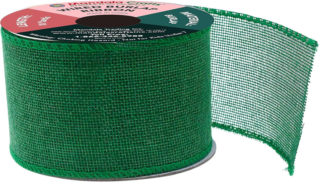 Green Burlap Wired Ribbon 2.5 Inches Wide Jute Ribbons for Crafts - 10 Yds Roll Rustic Burlap Wrap Trim Ribbons for Wreaths Bows Party Decoration