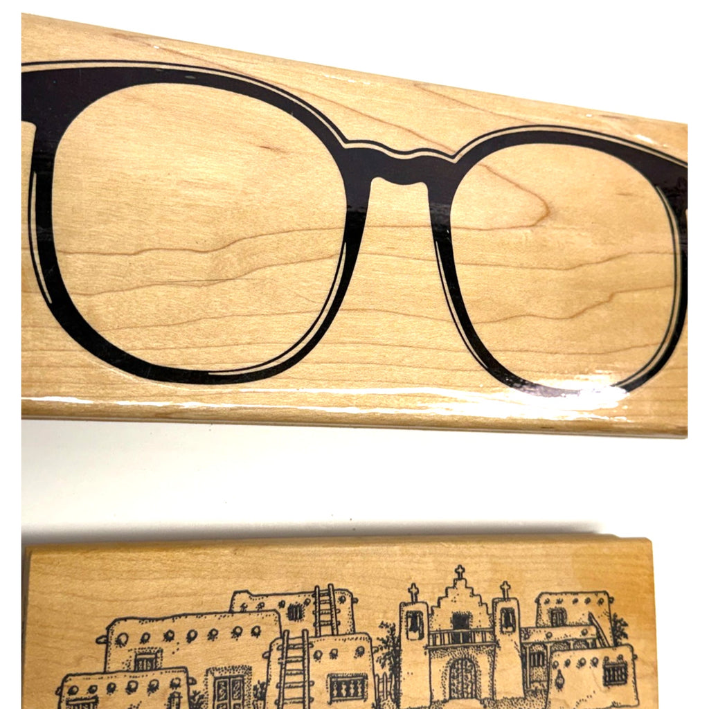 Vintage NOS Lot of 3 Wood Mounted Rubber Stamp Eyeglasses & Landscape