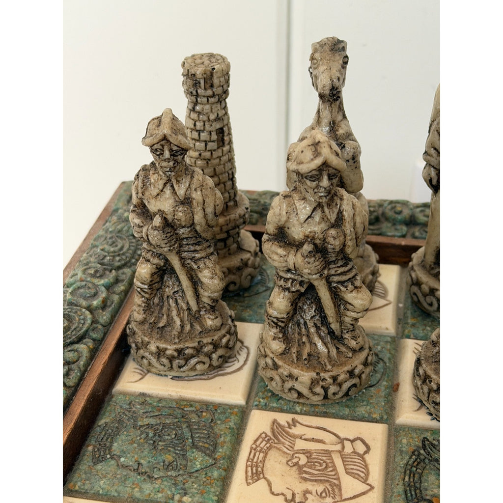 VINTAGE Aztec Mayan Dragon Chess Set Rare Collectible Green Chess Board & Pieces