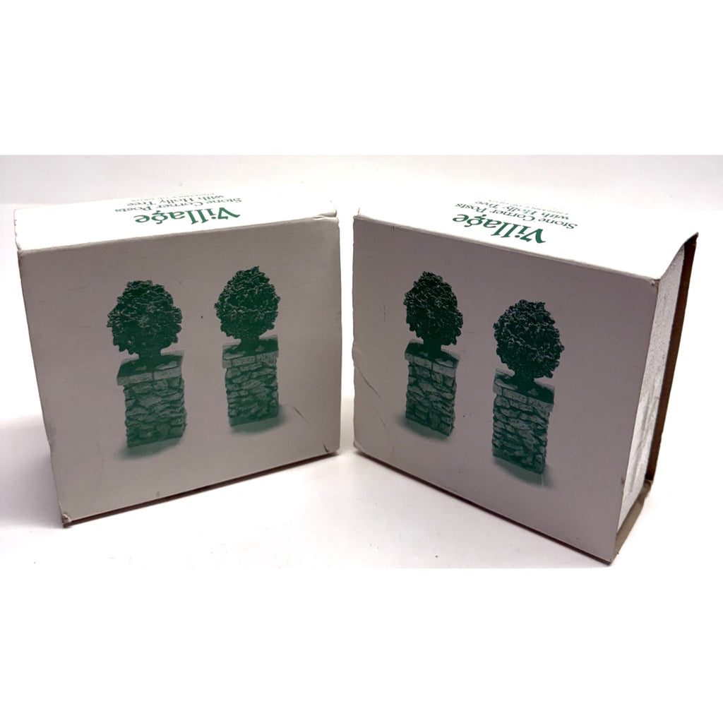 VTG NEW Dept.56 Lot of 2 Village Stone Corner Posts with Holly Tree #52649