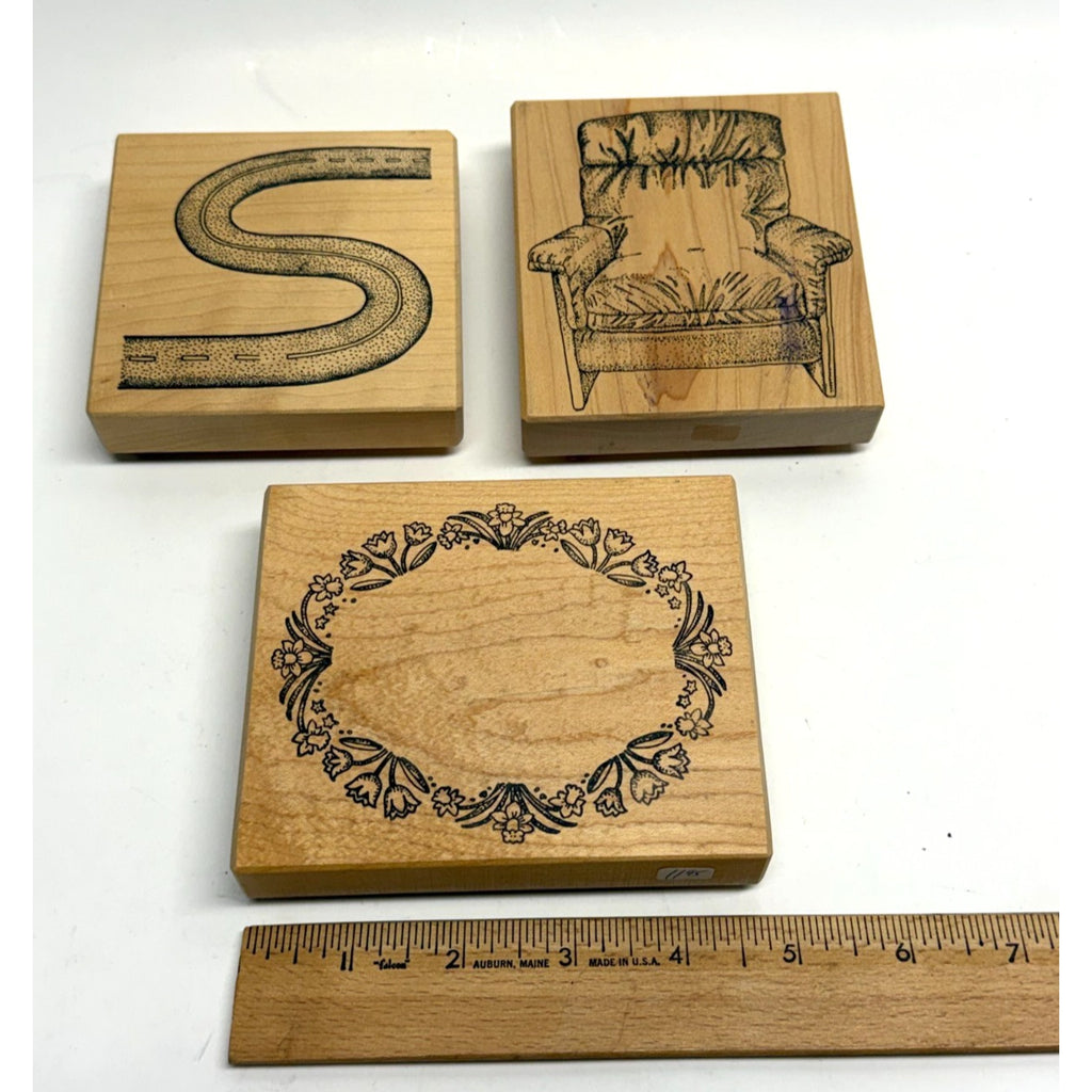 VINTAGE LOT of 3 Wood Mounted Rubber Stamps Road Chair Wreath Arts Crafts