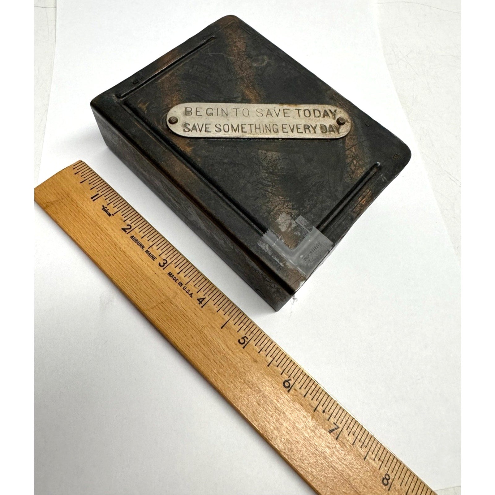Vintage "BEGIN TO SAVE TODAY SAVE SOMETHING EVERY DAY" COIN BANK With Key