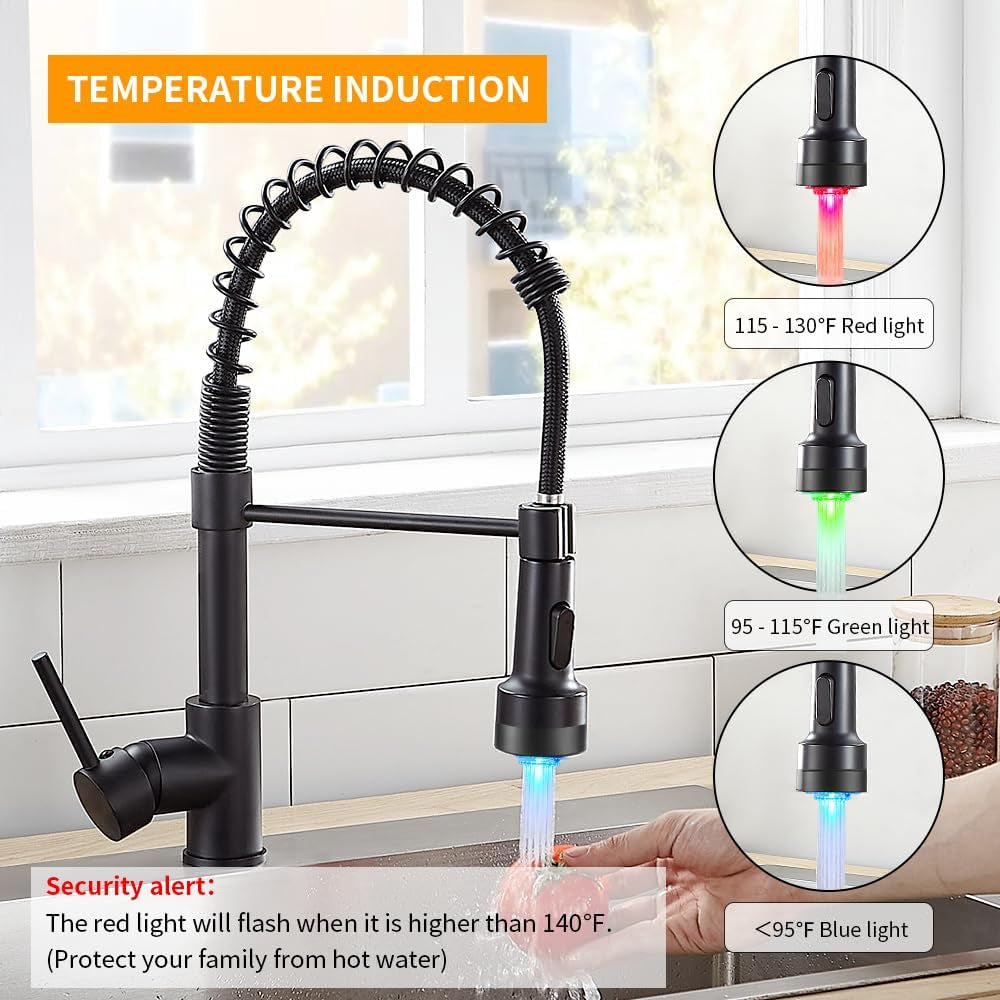 Kitchen Faucet with Sprayer Single Handle Pull down Sprayer Spring Matte Black Kitchen Sink Faucet with LED Light 9005R