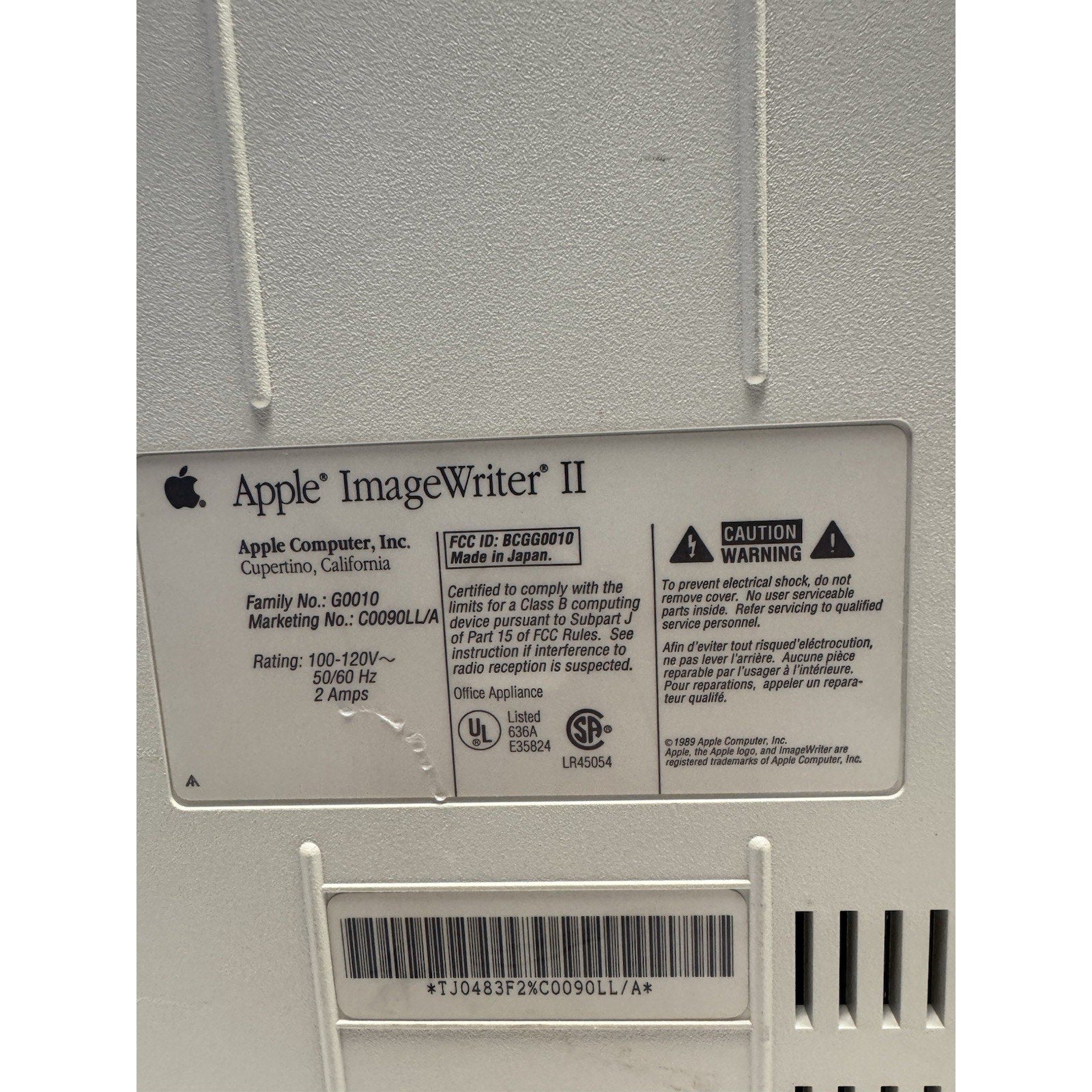 Vintage Apple Imagewriter II Printer G0010 Power On "Print Paper not Installed"