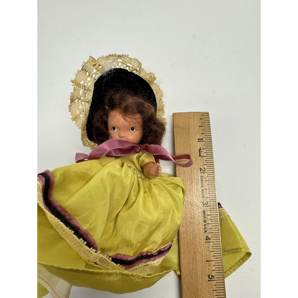 Vintage Nancy Ann Storybook Doll Yellow Dress w/Black Hat 5"
