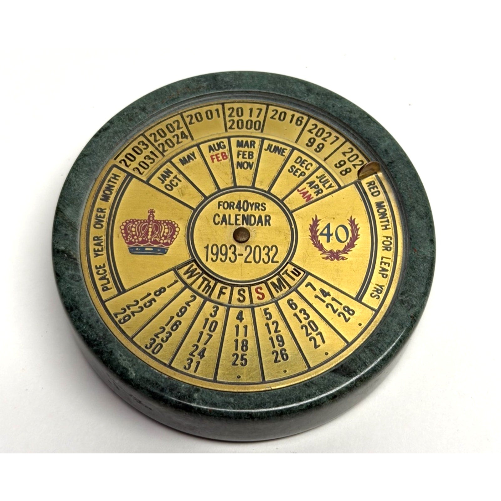 Vintage 1993 - 2032 Brass Marble 40 Years Perpetual Calendar Paper Weight