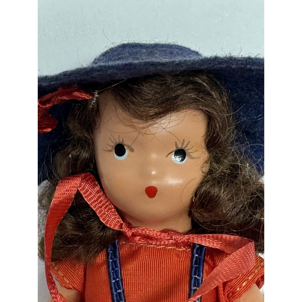 Vintage 1950s Nancy Ann Story Book Bisque Doll 6.5" Red Dress/Blue Hat