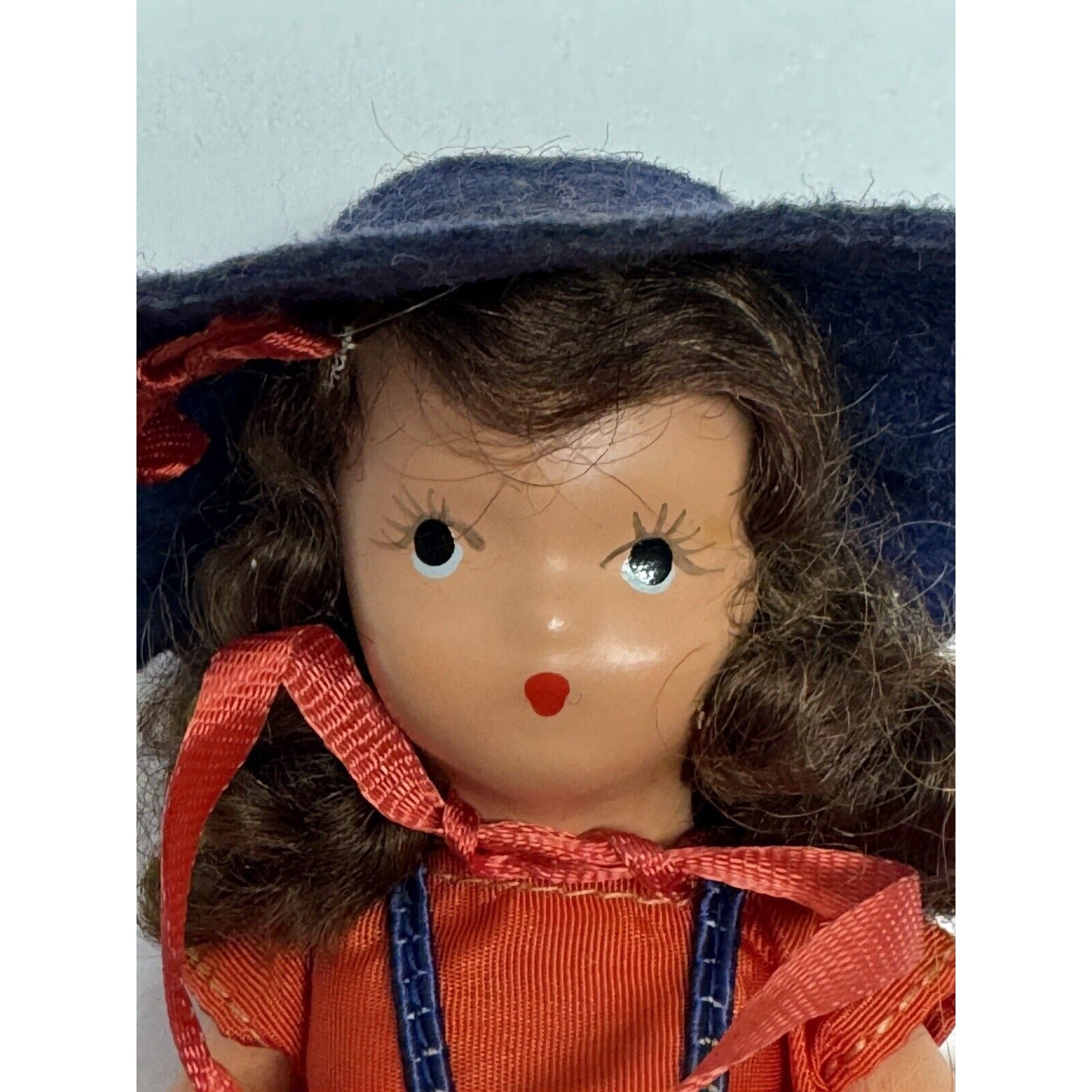 Vintage 1950s Nancy Ann Story Book Bisque Doll 6.5" Red Dress/Blue Hat