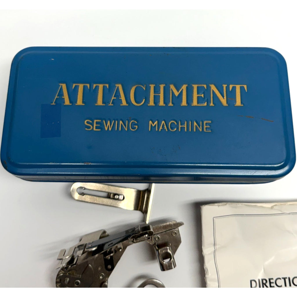 VINTAGE "ATTACHMENT SEWING MACHINE" Blue Metal TIN BOX w/ Accessories Parts