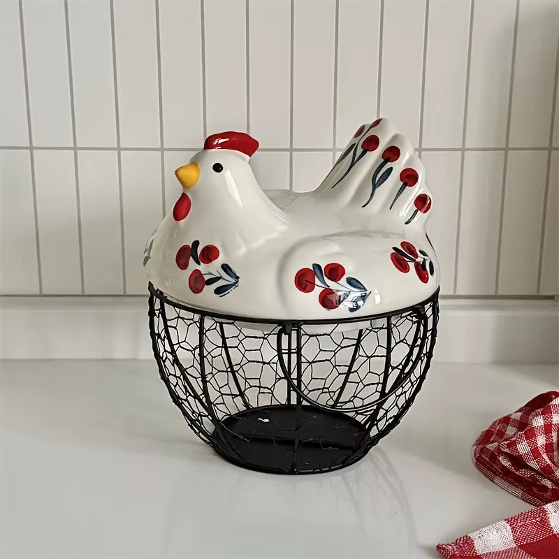 1Pc Farmhouse Hen-Shaped Ceramic Egg Baske -Ceramic Egg Holder with Lid,Rustic Kitchen Organizer for Fruits/Veggies
