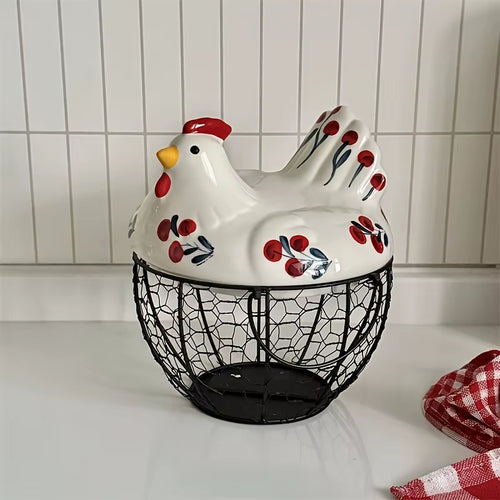 1Pc Farmhouse Hen-Shaped Ceramic Egg Baske -Ceramic Egg Holder with Lid,Rustic Kitchen Organizer for Fruits/Veggies