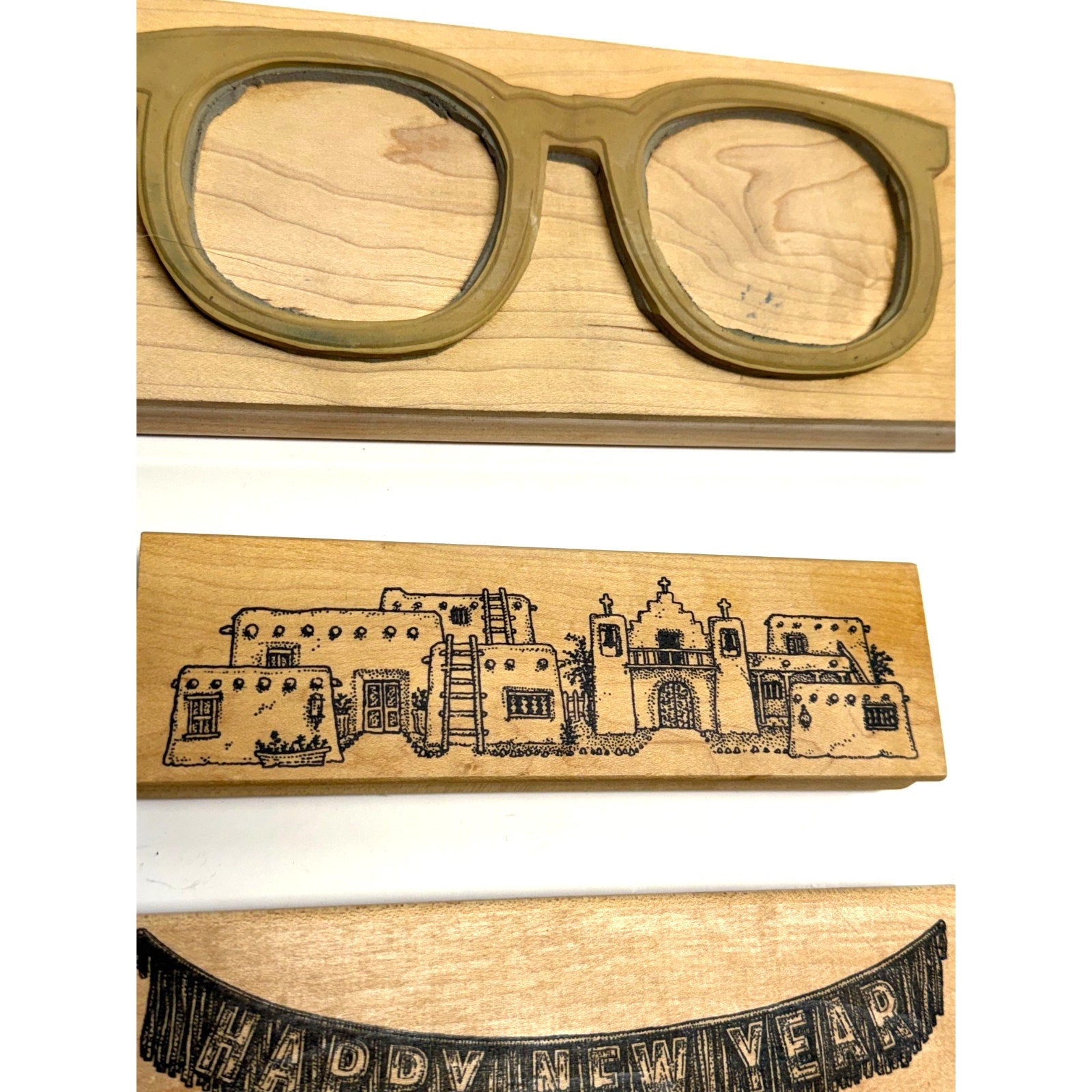 Vintage NOS Lot of 3 Wood Mounted Rubber Stamp Eyeglasses & Landscape