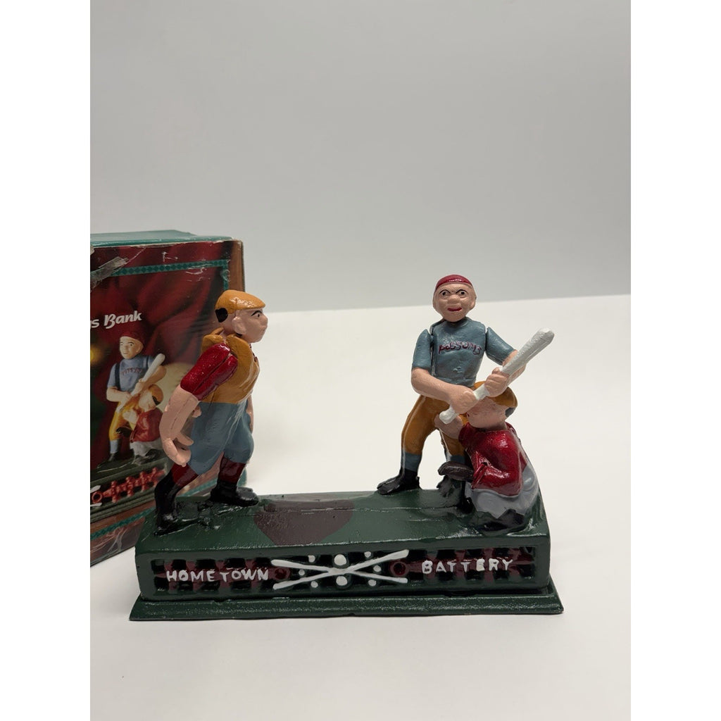 Vintage NOS "Hometown Battery" Baseball Possuns Cast Iron Mechanical Coin Bank